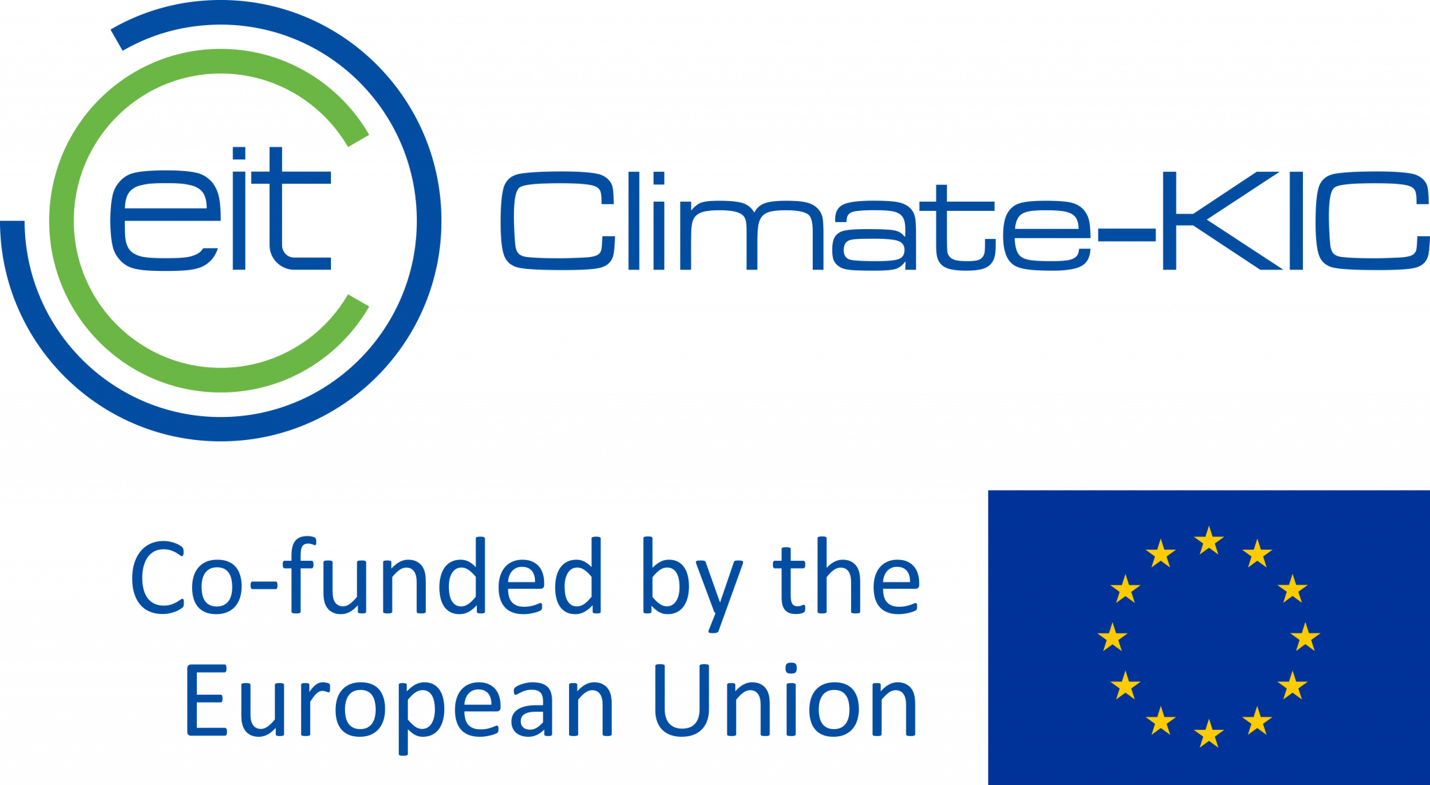 Logo of eIT Climate-KIC, blue and green color, European Union flag on the edge: blue background with twelve yellow stars on it.