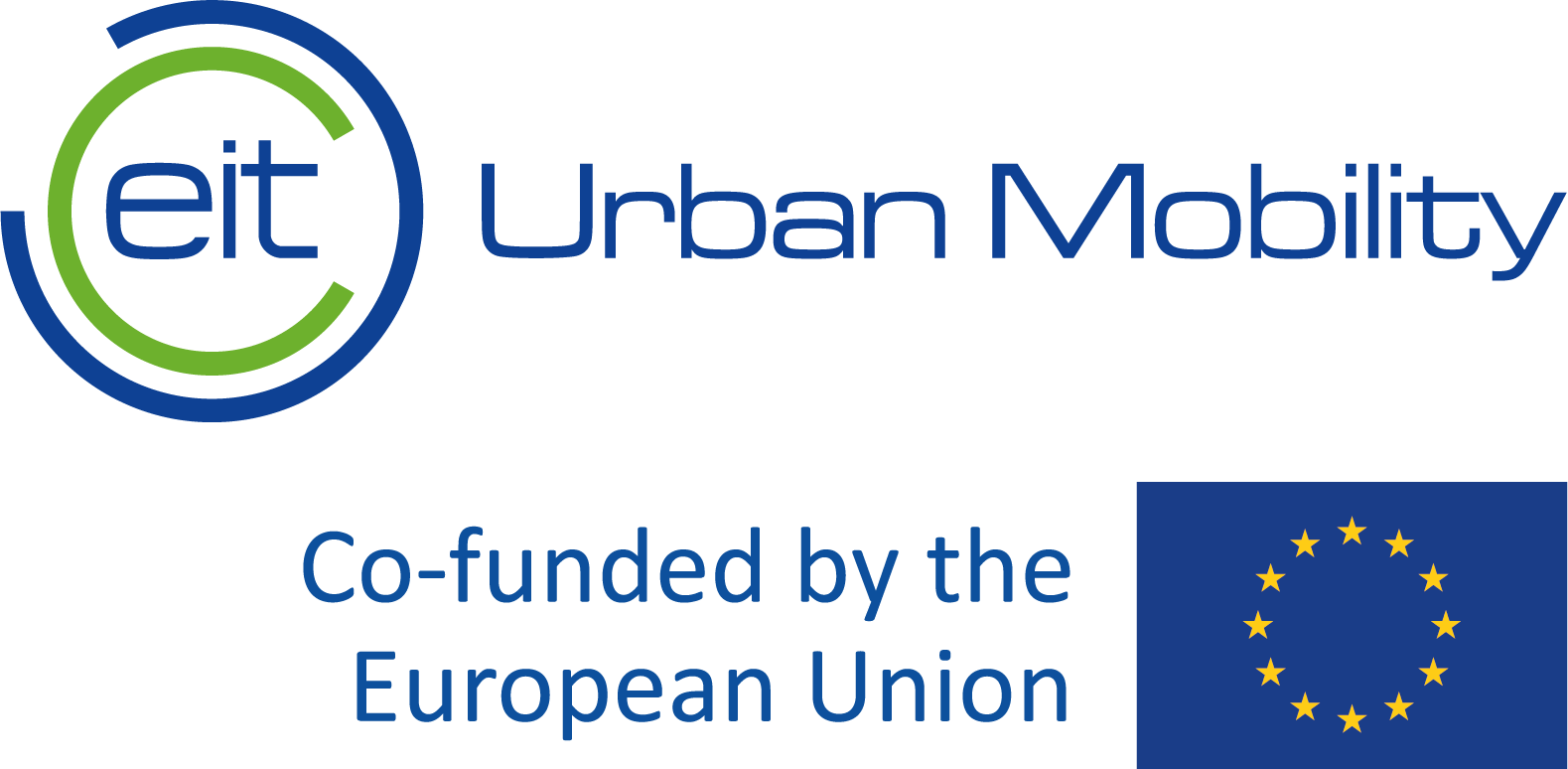Logo of eIT Urban Mobility, blue and green color, European Union flag on the edge: blue background with twelve yellow stars on it.