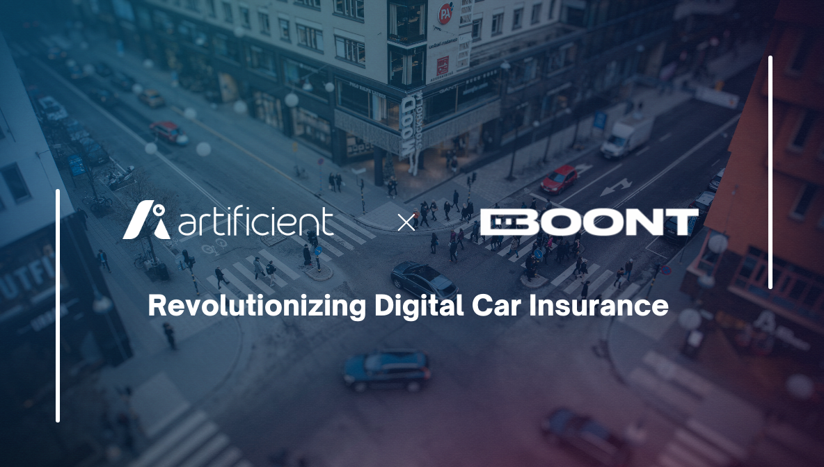 In the focus, text "Artificient x Boont" showing the cooperation between the two company. In the background a street with a blue filter on.